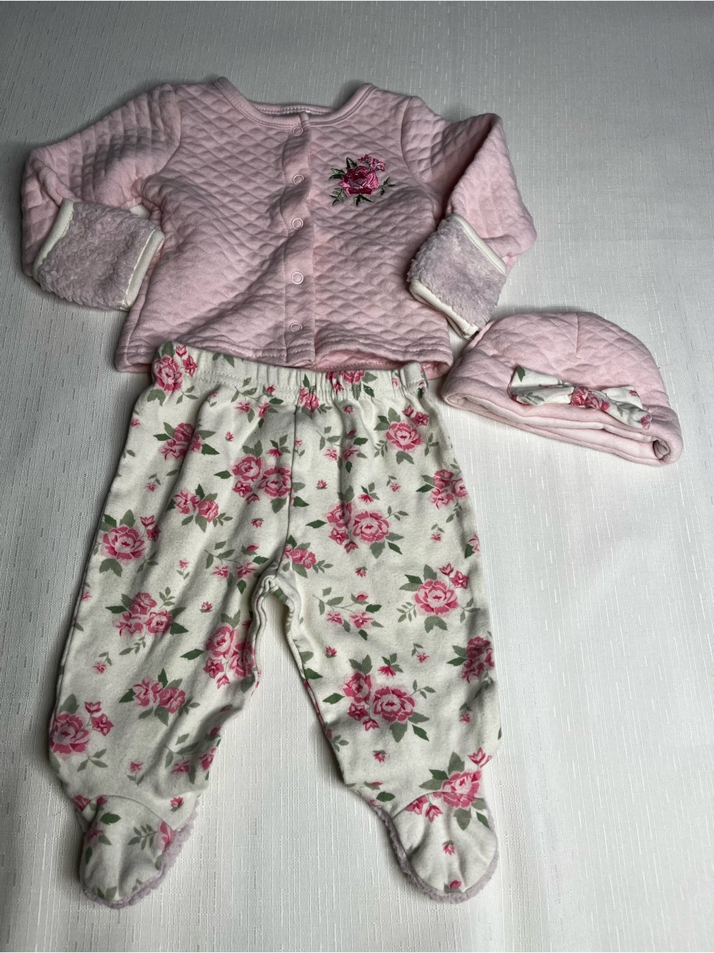 Little Beginnings Pink Floral Quilted Baby Set with Hat Size 3-6 months
